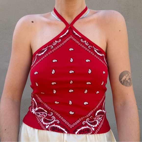 Vintage Y2K Red Bandana Print Halter Top - Picture 1 of 6